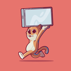 Cat Character Running with Large Smartphone vector illustration. Technology, mascot design concept.