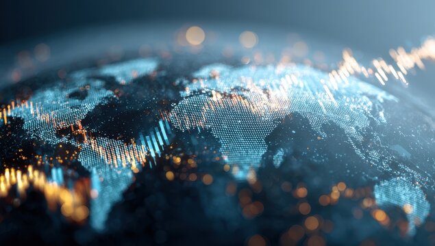 Global data visualization, Earth with overlaid financial charts