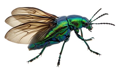 Fototapeta premium Isolated Macro Photograph of Iridescent Metallic Green and Blue Flying Beetle-Like Insect.