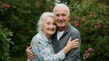Elderly couple embracing and smiling in a garden full of flowers   - Powered by Adobe