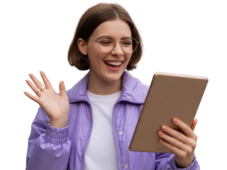 Young woman with short brown hair and glasses smiling and isolated on white transparent background png jpg business people clipping path cutout 2025 2026 4k full hd poster banner label download