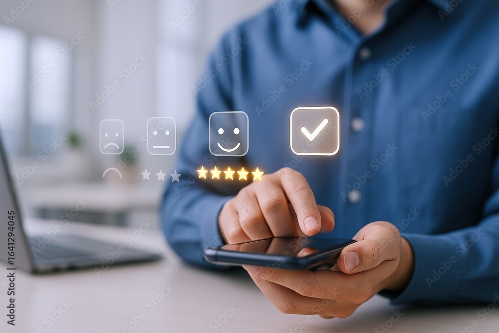 Poster customer satisfaction survey with glowing icons on transparent display for feedback analysis