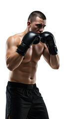 Sports Athletes - Athletic man wearing boxing gloves and black shorts in fighting stance isolated on black background, perfect for sports and fitness projects