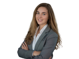 Young woman with long wavy brown hair wearing a grey suit and isolated on white transparent background png jpg business people clipping path cutout 2025 2026 4k full hd poster banner label download
