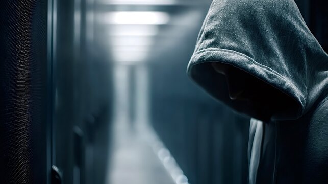 Hacker breaking into server room, cybercrime and data breach concept