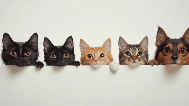 Five animals look over solid white wall. Two black kittens, orange tabby, brown tabby, small black, tan dog look up, their eyes wide. The lighting is bright, clean