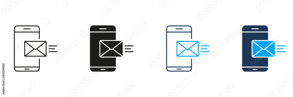 Poster smartphone with email line and solid icon set. mobile messaging, communication, and email notificati