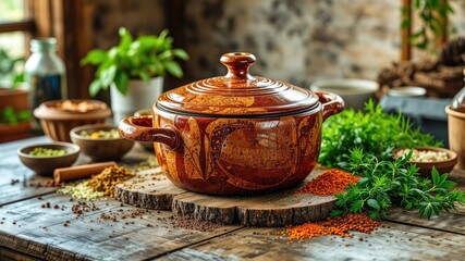 Earthenware Baking Dish on Rustic Table with Seasoning