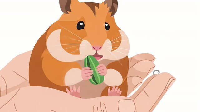 Cute Hamster Eating Seed Held in Hand on White Background