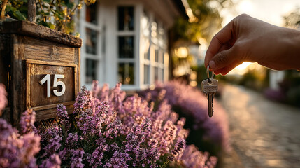 Hand holding keys in front of a charming house, near the sign a wooden house number sign. Blooming lavender flowers in the background in a serene garden setting. Emigration, Vacation, rest