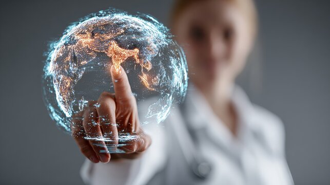 Doctor in white coat points at a digital globe showcasing Africa, to choose the best place to emigrate. Global health advancements and technology. Concept of emigration to another country