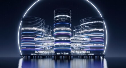 Futuristic Neon-Lit Towers on Stilts Framed by a Luminous Ring