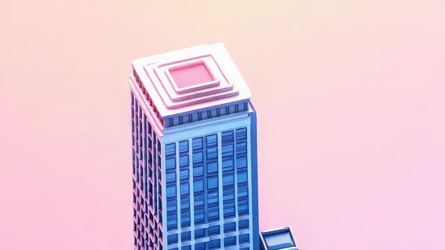 Modern skyscraper standing tall in vibrant cityscape with pink and blue gradient