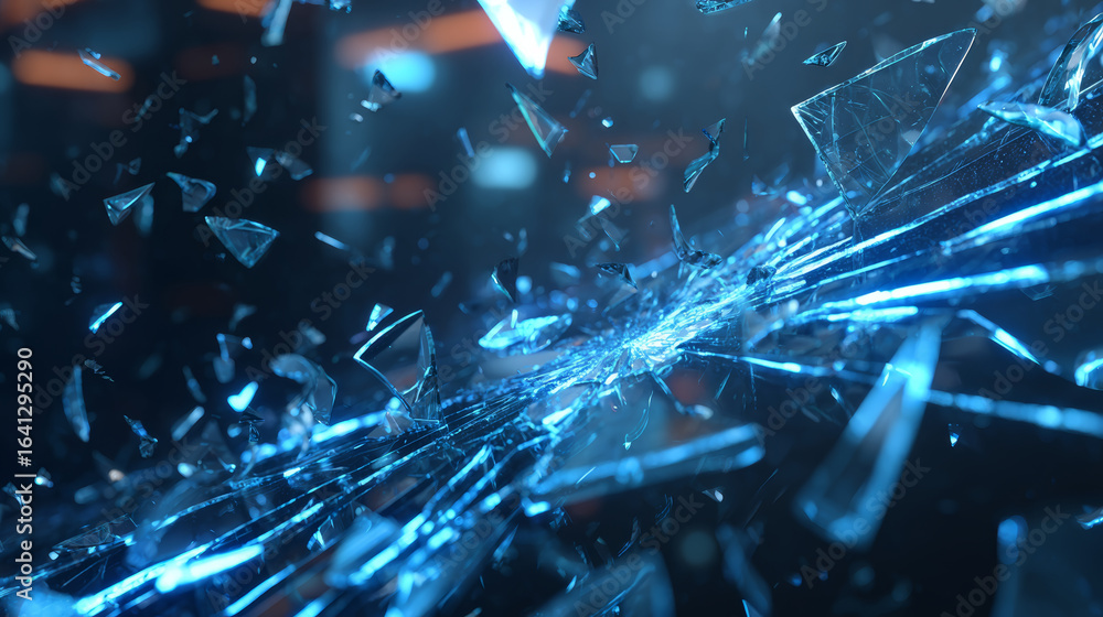 Poster shattered glass fragments flying in dark space with blue light reflections creating dynamic and dram