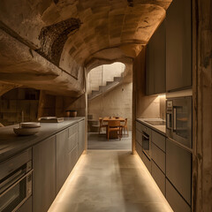 A sleek, minimalist kitchen with polished concrete countertops and state-of-the-art appliances built seamlessly into a natural cave