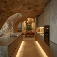 A sleek, minimalist kitchen with polished concrete countertops and state-of-the-art appliances built seamlessly into a natural cave