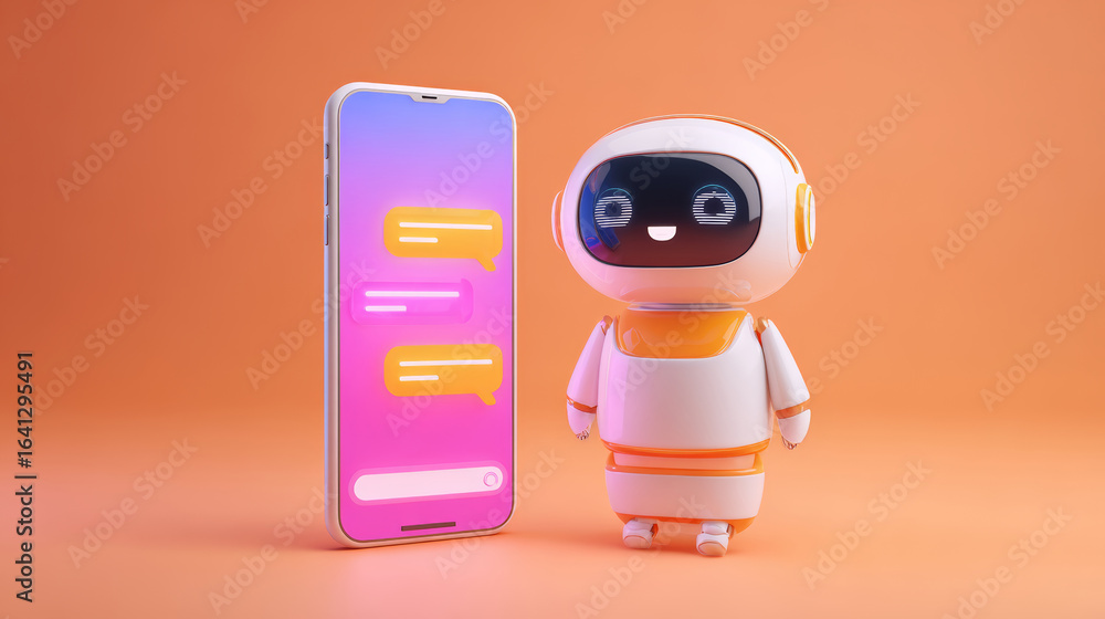 Poster cute robot with smiling face standing next to smartphone showing colorful chat bubbles on screen, te