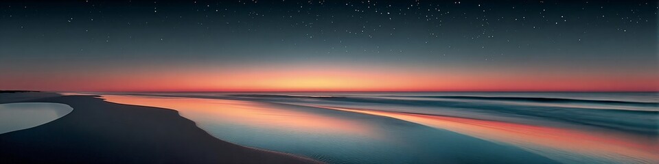 Obraz premium Panoramic landscape of ocean or lake at sunset. Purple and orange sky with calm water surface, reflections. Natural beauty and serenity concept for meditation background.