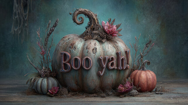 Rustic teal pumpkin with Boo Yah text, surrounded by pink flowers, autumn plants, and smaller pumpkins, festive Halloween decoration on moody background 
