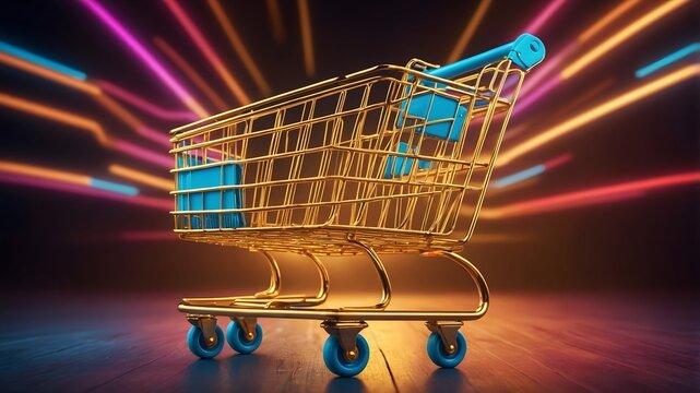 Carrito de compra dorado con luces de ne&oacute;n, concepto e-commerce y promociones