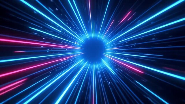 Dynamic neon light tunnel effect, futuristic speed motion blur, abstract digital data flow.