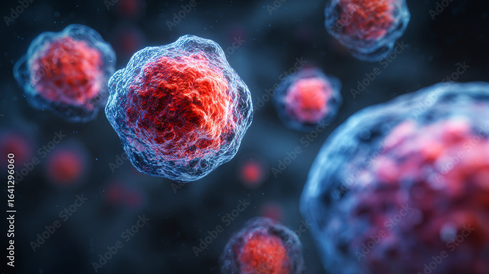 Aufkleber human cell close up with red nucleus and translucent membrane, floating in dark microscopic environm