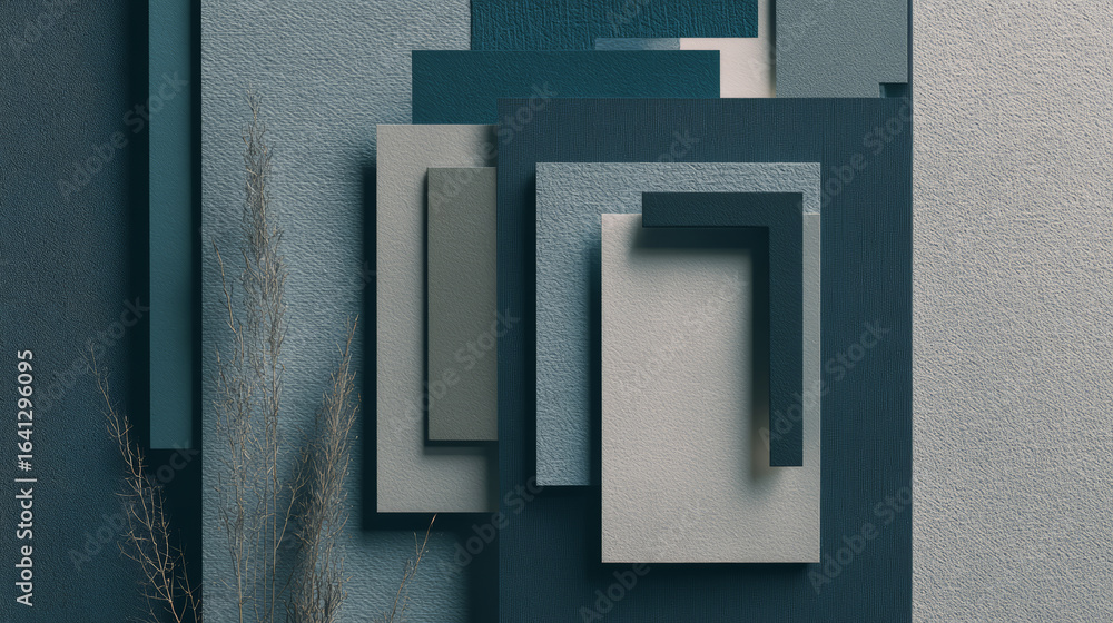 Poster Abstract geometric wall art with layered rectangular shapes in blue and gray tones, creating modern and textured visual effect