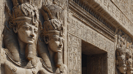 Ancient Egyptian stone statues with detailed headdresses and hieroglyphic carvings decorate temple wall, showcasing historic art and culture
