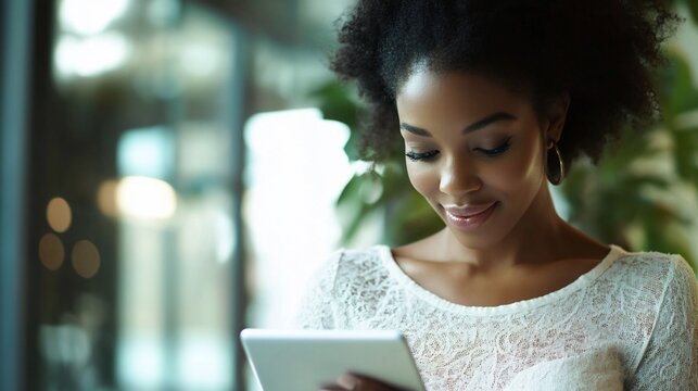 Modern african american woman browsing on tablet with gentle smile indoor