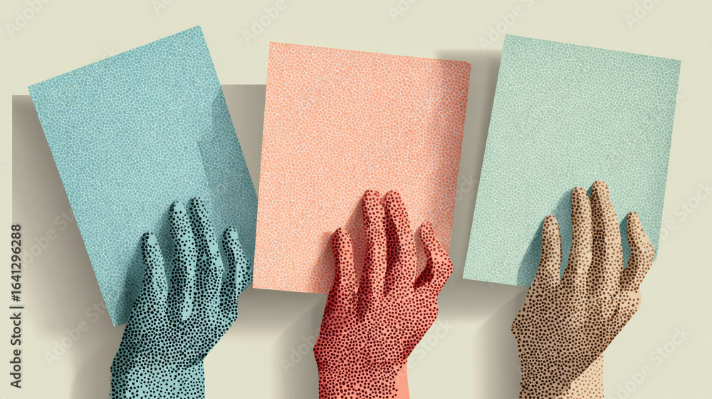 Poster hands holding colorful paper with dotted pattern, creative design with artistic shadow and texture e