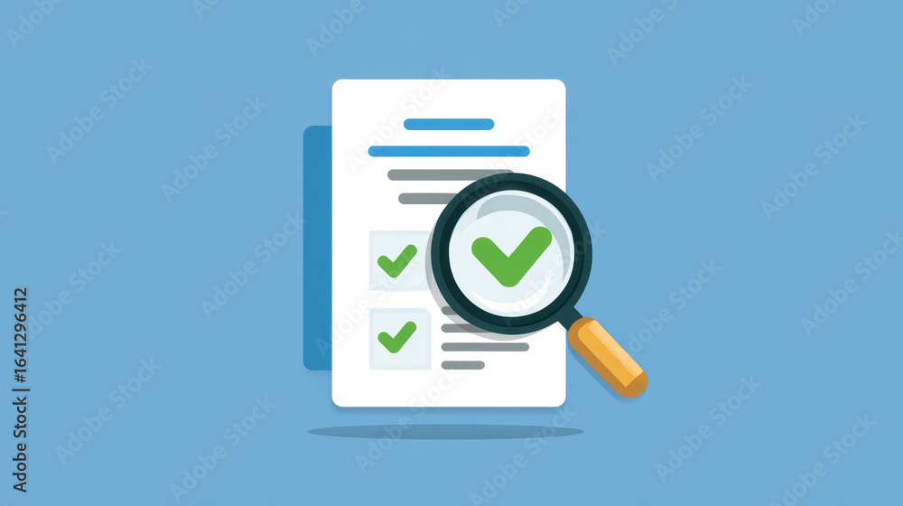 Poster checklist document with green check marks under magnifying glass on blue background, symbolizing ver