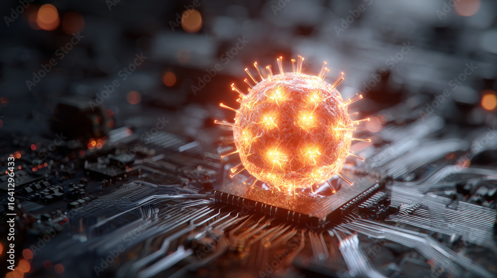 Poster glowing virus model on computer chip with circuit board background, symbolizing digital infection an