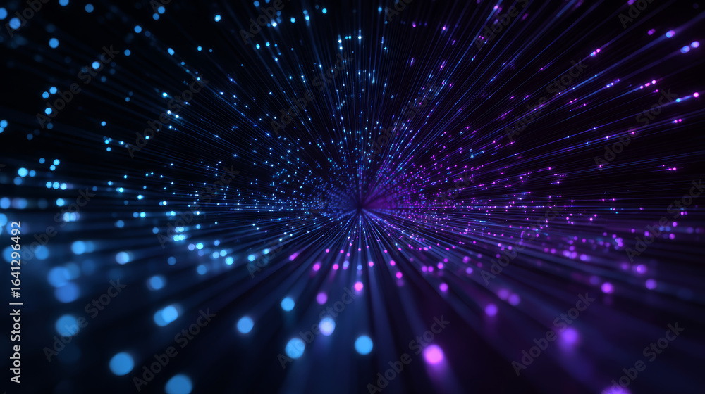 Poster digital light particles glowing in blue and purple colors create dynamic futuristic tunnel effect wi