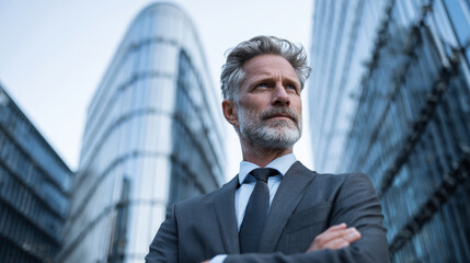 Confident mature businessman with gray hair and beard wearing suit and tie standing with arms crossed in modern cityscape