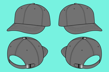 Unisex Sports Six Panel Cap Fashion Flat Sketch Template CAD Mockup Vector Illustrator Front Back and Side Views.