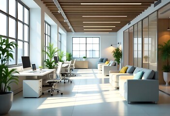 Fototapeta premium Generative AI: Modern Office Interior Design with Workstations, Sofas and Greenery, bright ambient