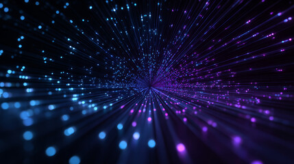 Naklejka premium Digital light particles glowing in blue and purple colors create dynamic futuristic tunnel effect with sense of depth and motion