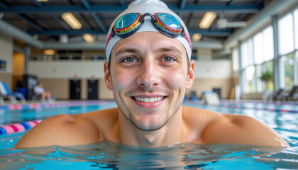 Smiling male swimmer in swim cap and goggles resting at edge of indoor pool with bright natural light and clear water