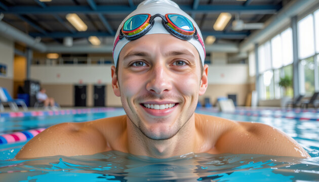 Smiling male swimmer in swim cap and goggles resting at edge of indoor pool with bright natural light and clear water