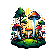 Pixel Art Mushroom Forest Vibrant Fungi Illustration Nature Scene Digital Painting Fantasy Art Magical Mushrooms isolated on transparent background