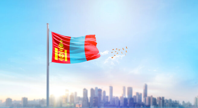 Mongolia national flag waving with skyline and buildings. Mongolia national flag for independence day. - Powered by Adobe