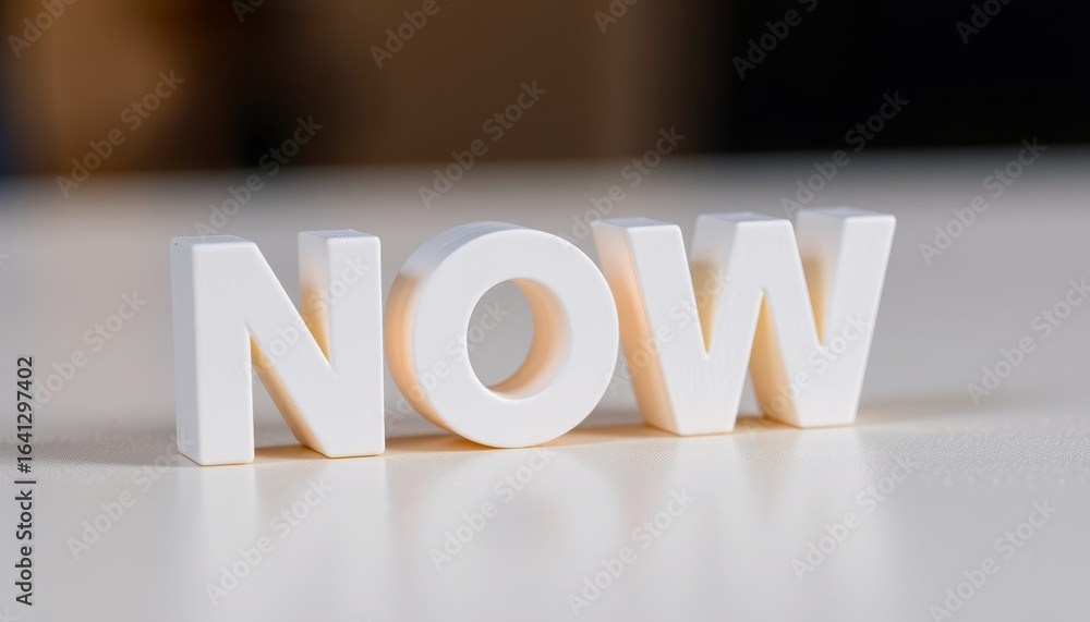 Poster now word in white plastic letters on smooth surface with soft background light creating calm mood