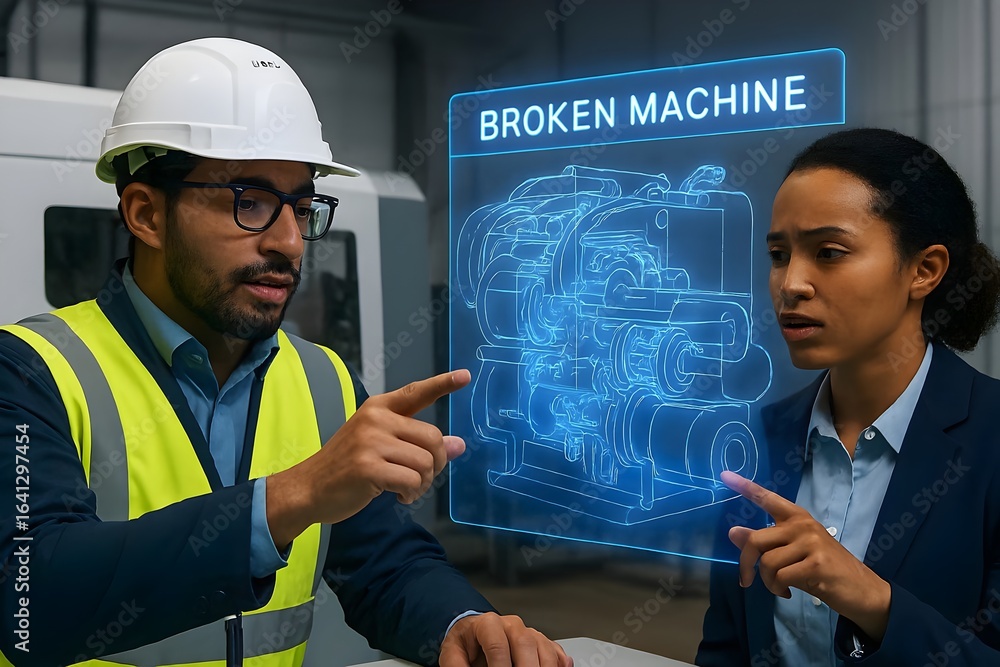 Aufkleber two engineers discussing a broken machine displayed on a hologram screen in a modern factory, pointi