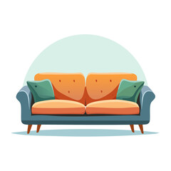Stylish cartoon orange sofa with teal pillows interior decor cozy room furniture. Home comfort vector illustration.