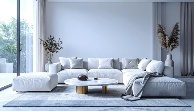 Sal&oacute;n quiet luxury con sof&aacute; modular claro, mesa redonda de m&aacute;rmol y pared minimalista