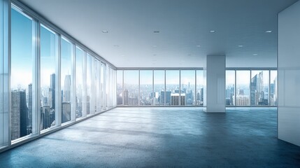 Bright Modern Empty Office Space with City View, Featuring Large Windows and Polished Concrete Floor