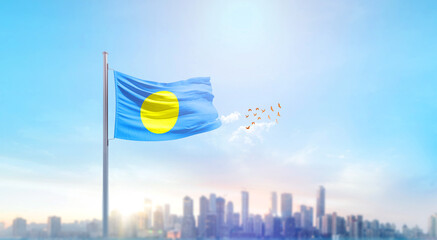 Palau national flag waving with skyline and buildings. Palau national flag for independence day.