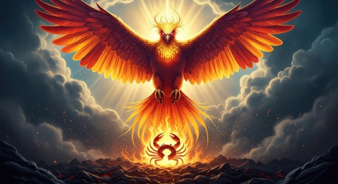 Fiery mythical phoenix rising from a glowing orb, amidst dramatic clouds.