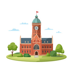 Grand University Building with Clock Tower and Green Lawn Cartoon Illustration