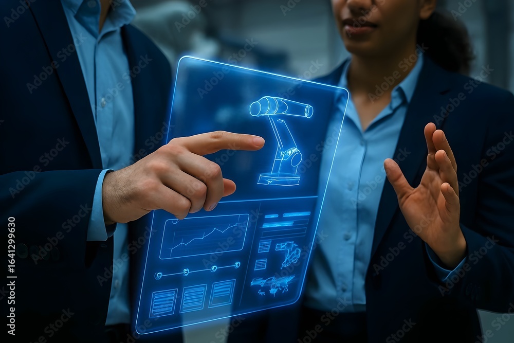 Poster closeup of engineers interacting with a holographic display showing a robotic arm design, highlighti